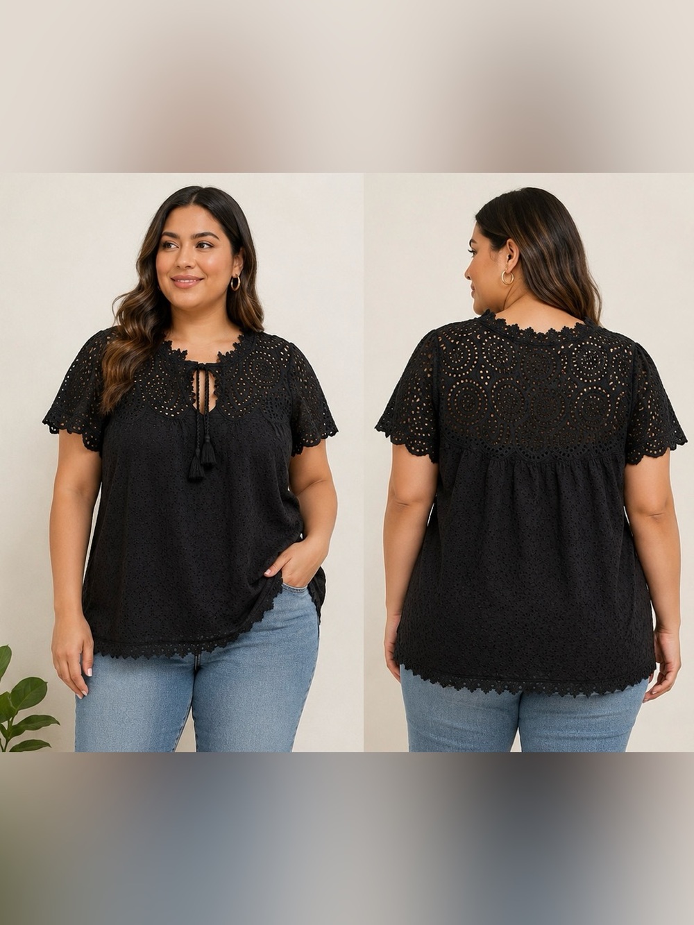 Plus Eyelet Lace Tie-Front Blouse - Black 100% Cotton